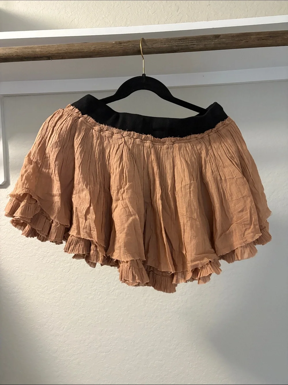 Free People Rust Tan Tiered Ruffle Skirt with Black Waistband